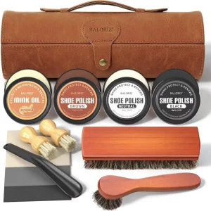 13 Piece Men’s Shoe Polish Kit with Mink Oil & Horsehair Brushes for Leather Shoes & Boots Dad Christmas Gift