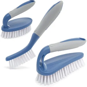 3 Piece Scrub Brush Set Blue Ergonomic Handle Ideal for Bathroom Shower Kitchen Carpet Floor Bathtub and More