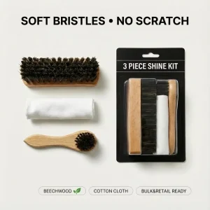 3pcs Leather Care Shoe Shine Kit Custom Logo 2 Horse Hair Shoe Brushes Cotton Cloth Soft No Scratch Stain Remover Portable