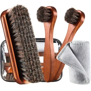 4 Pcs Horsehair Shoe Brush Kit Polishing Daubers Applicators Leather Care Brushes Shine Cleaning Cloth With Bag