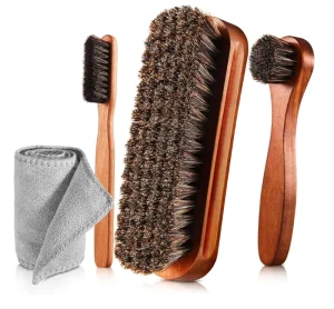 4 Piece Horse Hair Shoe Polishing Brush Set with Wooden Handle for Leather and Suede Cleaning Stain Removal