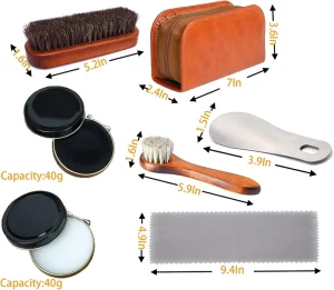 7 Piece Shoe Care Kit Horsehair Brush Long Handled Round Brush White and Black Polish Polishing Cloth Shoe Horn Storage Box