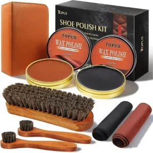 8-Piece Shoe Polish Kit Includes 2 X 1.4 oz Brown Shoe Wax 3 Horsehair Boots Brushes & 2 Shine Cloths