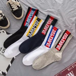 Autumn Winter Casual Cotton Anti Friction Sweat absorbing Deodorant Letter Pattern Mid Calf Socks Single Needle European Men’s