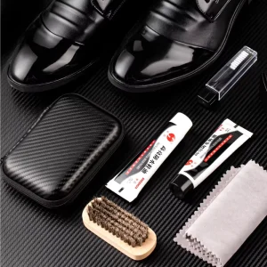Carbon Fiber Pattern 6 Piece Horsehair Shoe Brush & Polish Set Portable Plastic Handle Leather Shoe Polishing Wax & Cloth