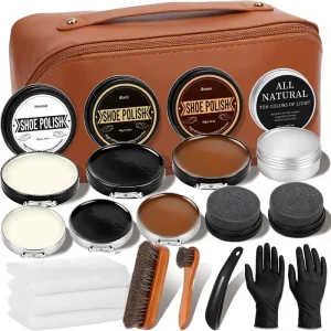 Cruzix Shoe Care Kit for Men Women 16 Piece Shoe Shine Gift Set Polish Mink Oil Horsehair Brushes Shine Sponges Leather Cleaning