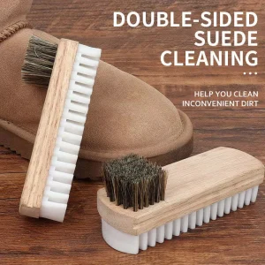 Custom Logo Double Sided Wooden Shoe Brush Horse Hair Bristle Sneaker Cleaning Brush with Suede Eraser