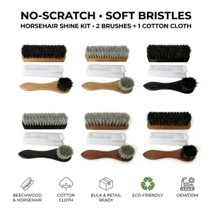 Factory Premium Horse hair Shoe Brush 3PCS Leather Polishing Kit Soft Bristles No Scratch Beechwood Handle Cotton Cloth OEM ODM