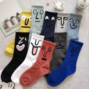 Funny Expression Casual Cartoon Pattern Unisex Mid calf High Waist Cotton Socks Anti Slip Sweat absorbing Deodorant