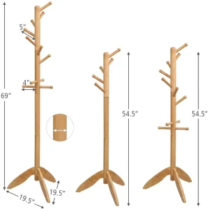 High Quality Double Wall Mounted Natural Bamboo Tree Branch Solid Coat Rack Decorative Living Room Wood Stand Clothing Organizer
