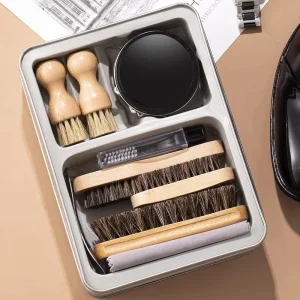 Horsehair Brush Shoe Polishing Set in Iron Box Black Leather Maintenance Tool with Universal Colorless Shoe Oil
