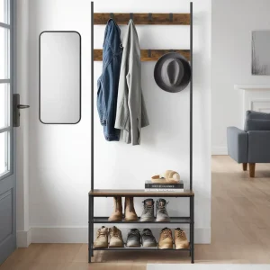 Industrial Entryway Hall Tree with Bench Heavy Duty Metal Coat Rack with Hooks Wooden Seat & Shoe Storage Shelves