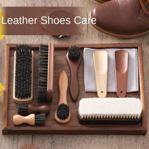 Leather Horse Hair Soft Wool Solid Wood Shoe Brush Set for Cleaning Polishing Nursing Made