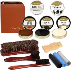 Leather Shoe Care Kit Professional 13 Piece Shoe Polish Gift Set with Saddle Soap Mink Oil Horsehair Brushes