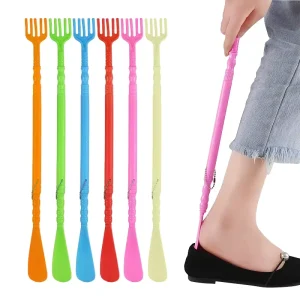 Long Plastic Shoe Horn with Massage Claws, Long Handled Shoe Horn with Hand Shaped Backscratcher