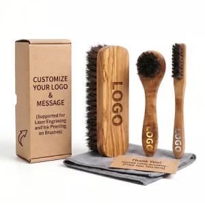 Luxury Olive Wood Shoe Brush Custom Logo Natural Dark Horsehair Leather Buffing Cleaning Brush