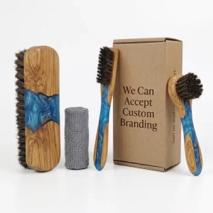 Luxury Resin Olive Wood Shoe Brush Custom Logo Natural Dark Horsehair Leather Buffing Cleaning Brush