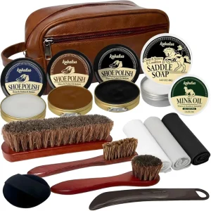 Men’s All inclusive Leather Shoe Care Kit 15 Piece Set with Saddle Soap Mink Oil 3 Polishes & 3 Brushes