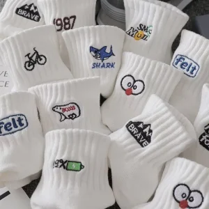Men’s Short Crew Socks for Spring Summer Breathable Sweat Absorbent Deodorant White Joker Ins Tide Design for Boys