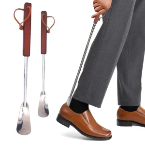 Metal Shoe Horn Long Handle Telescopic Stainless Steel Wood Leather Adjustable Shoe Horn Chrome plated Shoehorn HA01585