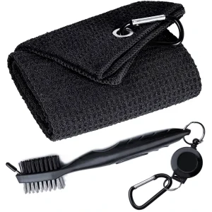 Microfiber Waffle Pattern Tri fold Golf Towel Set Brush Keychain Portable Lightweight 40x60cm Golf Cleaning