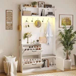 Narrow Entry Way Coat and Shoe Rack 5 in 1 Hall Tree with Bench and Shoe Storage Wood Coat Tree with Cushioned Stool