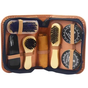 New KJ Shoe Shine Tool Care Shoe Cleaning Brown Black Blue 7 Piece Travel Shoe Care Set