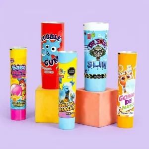 OEM ODM Private Label Eco friendly Cylinder Bubble Gum Packaging Tubes 12.7 35mm Screw Cap Custom Logo UV Printing