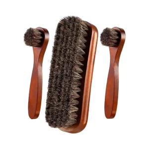 Portable 3 Piece Horsehair Polish Brushes Kit with Stain Remover 100% Natural Eco Friendly Easy Clean for Leather Shoes Care
