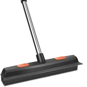 Rubber Broom Carpet Brush with Squeegee Pet Hair Remover with Long Handle Lint Fur Removal Tool for Cleaning Floor Tile