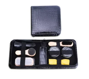 Shoe Polish Kit in Black Leather Case, Men Shoe Cleaning Tools Sponge Wax Kit, Eco friendly 7pcs Shoe Shine Gift Kit