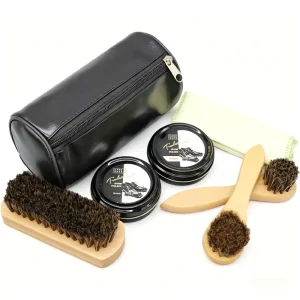 Shoe Shine Kit Complete Leather Shoe Care Set with Brushes Polish Buffing Cloth and Portable Leather Case