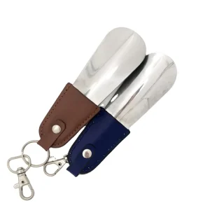 Short Mini Stainless Steel Shoe Horn with Leather Handle Travel Shoe Helper with Key Chain