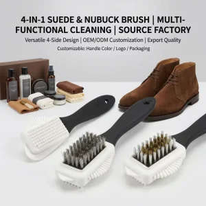 Suede Shoe Cleaner Brush with Horse Hair Bristles 4 Way Cleaning Long Handle Hanging Loop for Suede Leather Products