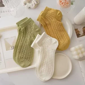 Summer Breathable Lady Deodorant Knitted Crew Length Thin Hollow Mesh Antibacterial and Daily Usage Socks