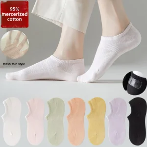 Summer Thin Womens Seamless Fusing Solid Color Combed Cotton Mesh Low Cut Invisible Silicone Anti Slip Deodorant No Show Socks