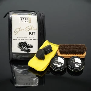 Travel Shoe Shine Kit Compact Leather Shoe Care Set with Polish Brushes and Buffing Cloth in a Portable Carrying Bag