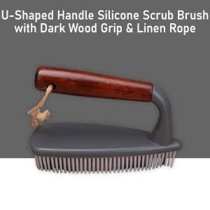 U Shape Handle Silicone Floor Scrub Brush Shoe Brush with Dark Wood Grip and Linen Hanging Rope