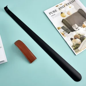 Unisex Black Stainless Steel Long Handle Shoe Horn 80cm With Leather Cover