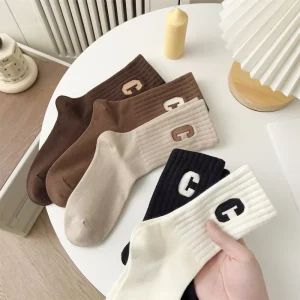 Unisex Spring Solid Color Casual Socks Polyester Cotton ODM Letter Big C Sweat Absorbing Deodorant Mid Calf