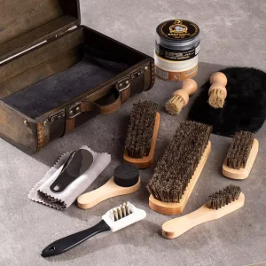 Vintage Leather Case 16 Piece Horse Hair Shoe Cleaning Brush Set with Plastic Handle Anti Fouling Suede Nubuck Brushes