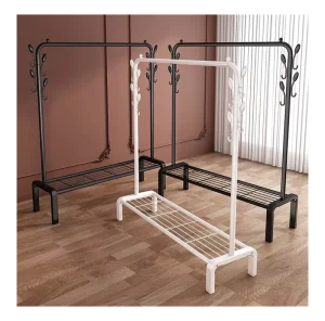 White and Black Hall Entryway Free Standing Tree Hanging Bag Hat Jacket Umbrella Metal Clothes Hanger Stand With Shoe Rack