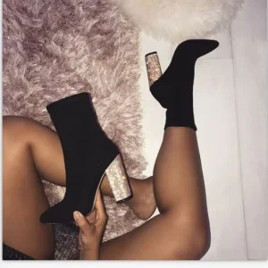 Winter Middle Cylinder Ankle Pointed Toe Ladies Metal Sequins Crude High Heels Booties Elastic Force Socks Women Shoes