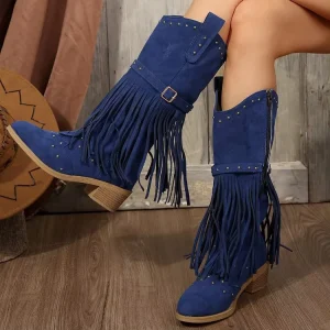 Women’s Fashion Mid-Calf Cowgirl Boots Western Style Wide Pointed Toe Slip-On PU Leather Tassel Chelsea Boot Style Ankle Height