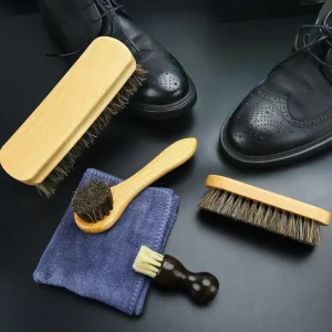 Wood Handle Horse Hair 6 Piece Eco friendly Shoe Care Kit Microfiber Cloth Suede Leather Nubuck Synthetic Leather Cleaning
