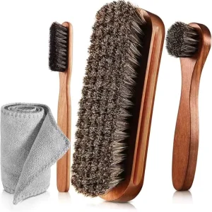 Wooden Horsehair Shoe Brush Set with Soft Bristles for Oil Polishing Cleaning Care